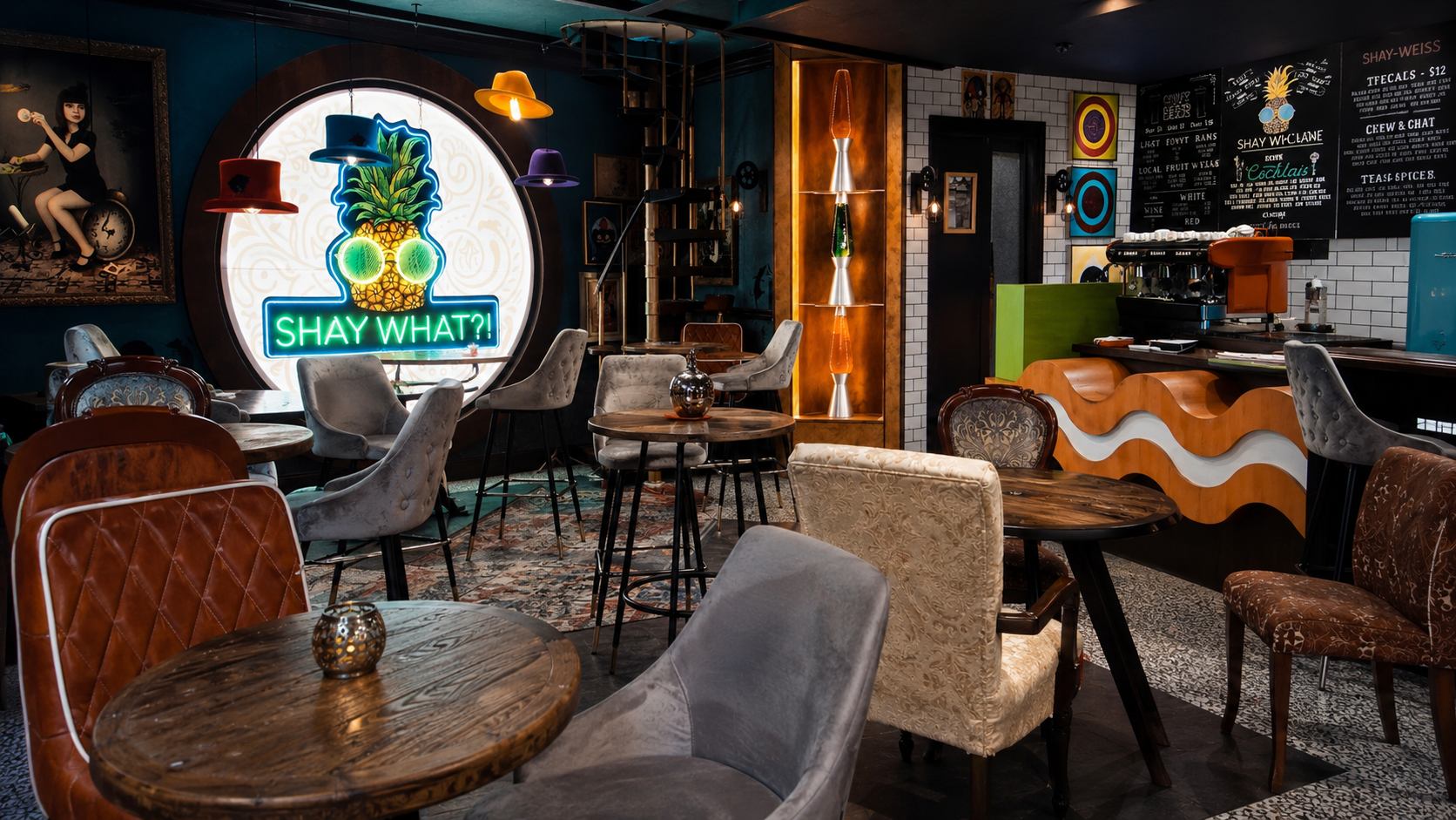 Main dining room under neon light